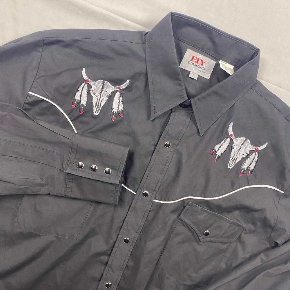 Ely Diamond Mens Black Western Pearl Snap Shirt Steer Skull Embroidery Large